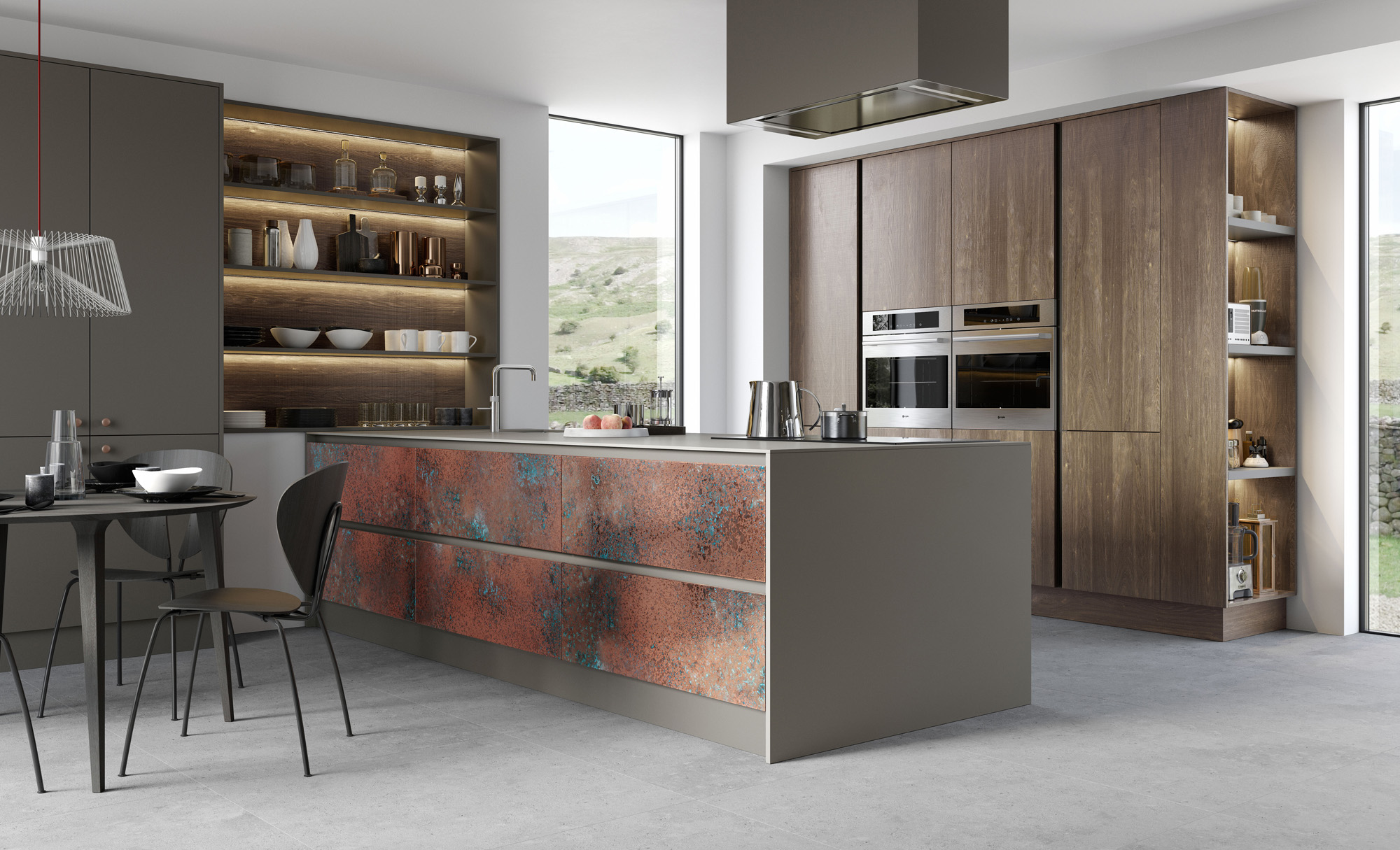 modern contemporary ferro oxidised copper zola matte lava rezana espresso oak kitchen hero