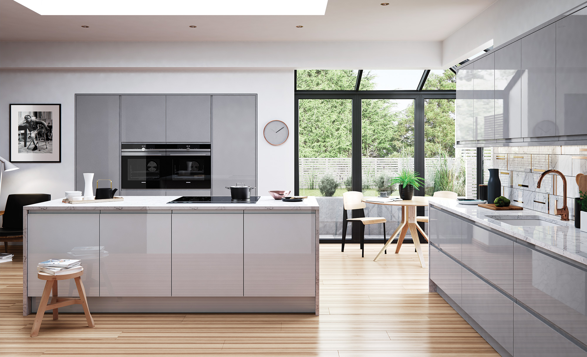 modern contemporary strada gloss light grey and dust grey kitchen hero